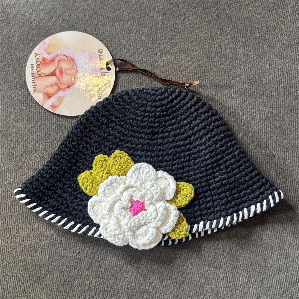 Daisy Baby Black Crocheted Sun Hat Layered Flower 100% Cotton 6-12 months NEW